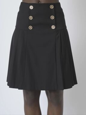 Edward Achour Black Pleated Skirt with Decorative Buttons
